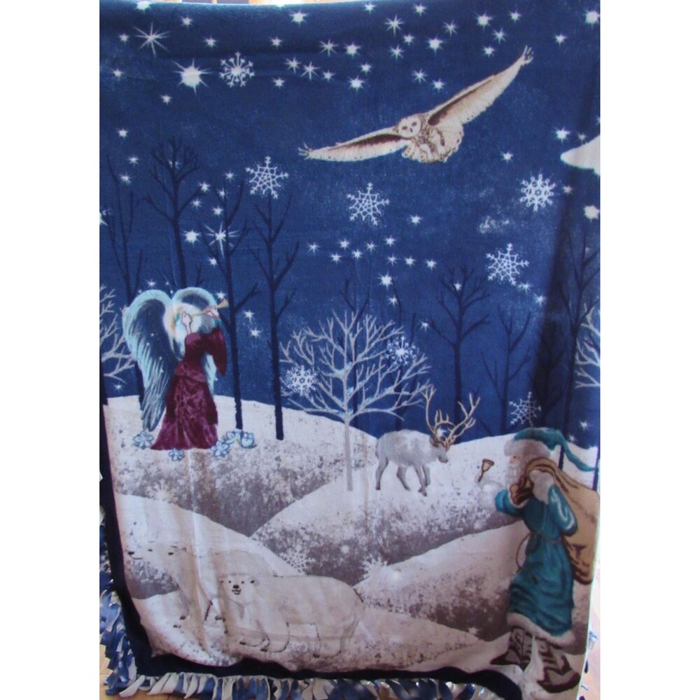 Snowflake Winter Holiday Santa Animals Angel Blue Fleece Handmade Tie Blanket